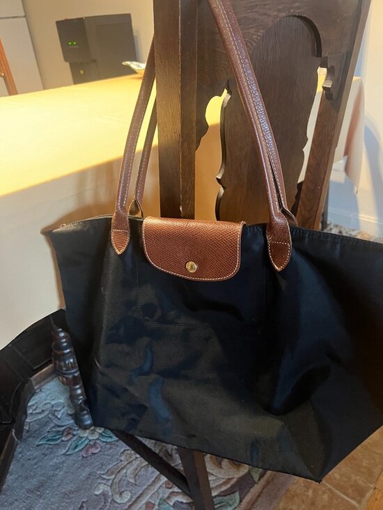 Longchamp Handbags - Longchamp Le Pliage Large Shoulder Tote Black Nylon Brown Leather L1899